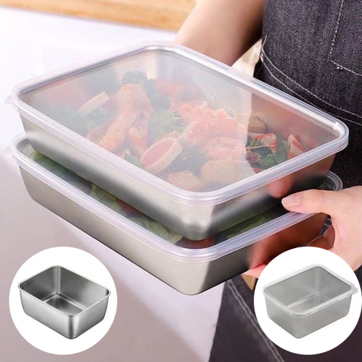 1PC Stainless Steel Refrigerator Food Storage Box With Plastic Lid Prepare Food Freshness Preservation Box Picnic Box Dounp