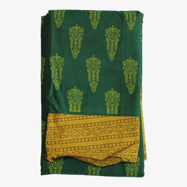 Green/Yellow Color Cotton Floral Design Unstitched Kurtha, Suruwal With Matching Shawl For Women