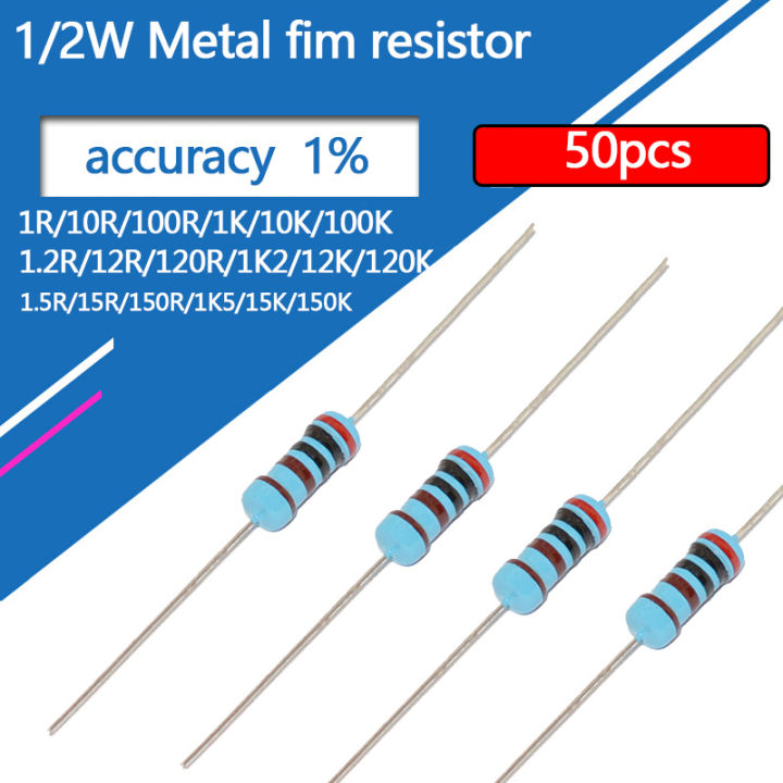 5 Color Rings Resistor 50pcs 1/2W Metal Film Resistor 1 1.2 1.5 10 12 15 100 120 150 R K Ohm ...
