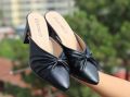 2024 New Genuine Leather Mules Slippers Pointed Toe Thick Med Heels Slippers Pleated Ladies Summer Shoes. 