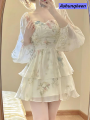 Ashunqiwen French Elegant Floral Mini Dress Chiffon Long Sleeve Evening Party Dress Women Holiday Beach Boho Fairy Dress Korean 2024 Robes. 