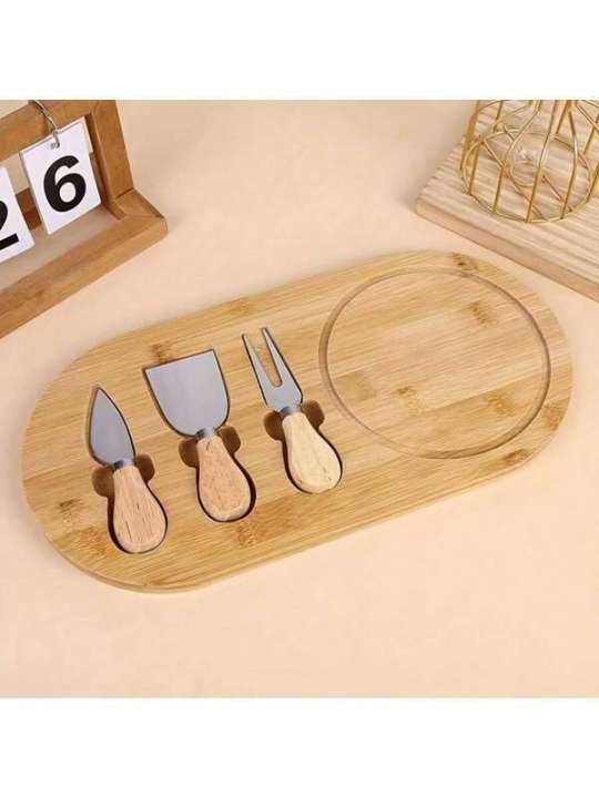 Bamboo Cheese (Set Of 4 Knife Fork) With Premium Gold Steel Cutlery Square Round Cutting Board Ideal Food Tray For Pizza, Cheese, Fruit, Vegetables Bread Gourmet Cooks And Couples