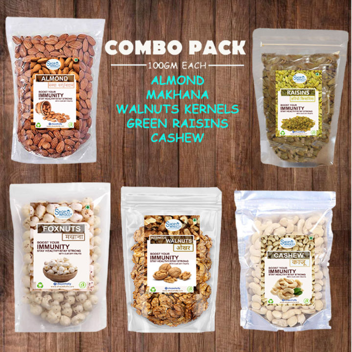 SHOP%20WHOLLY%20Combo%20Pack%20of%20Almond,%20Cashew,%20Green%20Raisains,%20Walnuts%20Kernels&%20Makhana%20100gm%20Each%20-%20Image%203