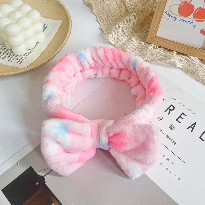 1Pcs Korean Dot Print Plush Bow Headbands Women Soft Wash Face Hairband Elastic Makeup Turban Hair Accessories