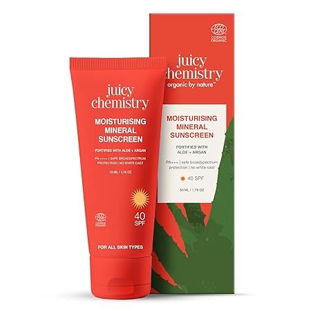 Juicy Chemistry Moisturising Mineral Sunscreen SPF 40, 50 g | Broad Spectrum UVA/UVB Protection & PA++++, No White Cast, Light Weight, Non-greasy & Moisturising | Kids & Pregnancy Safe