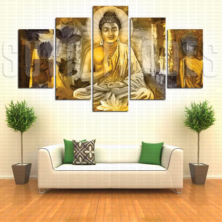 5 Panel Lord Buddha Peace 1 God Wall Hang Canvas Print With Wooden Back ...