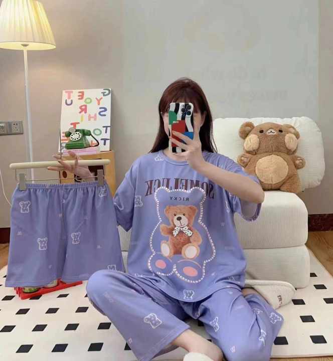 3 Piece Pajama Set Girls' round neck short sleeve long trousers cartoon s Home wear Short Sets Night Shirt  Pajama Women's Sleepwear