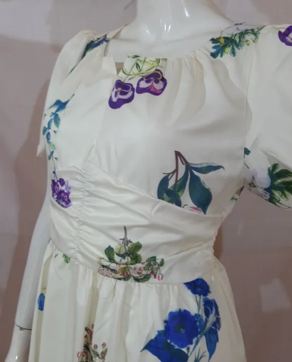 Off%20White%20Puff%20Short%20Sleeve%20Printed%20V-Neck%20Vintage%20Temperament%20Bohemian%20Floral%20Fairy%20Dress%20For%20Women%20-%20Image%206