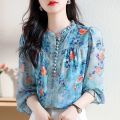 New Korean Thin Style Temperament Women's Blouse Plus Size Printed Design Lantern Sleeve Casual Shirts. 