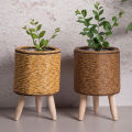 Imitation Rattan Woven Flower Shelf Planters Handmade Storage Basket With Removable Wooden Legs Plant Pot Stand Holder. 