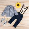 2-Piece Baby Boy Check Shirt with Bow Tie and Striped Suspender Pants Set - Ash. 