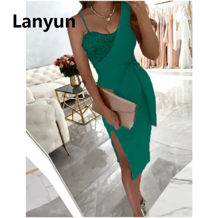 Lanyun%20Spring%20Summer%20Solid%20Color%20Sequins%20Dress%20Single-Shoulder%20Suspender%20Original%20One-Piece%20Meeting%20Dress%20Long%20High%20Waist%20Dresses%20-%20Image%204