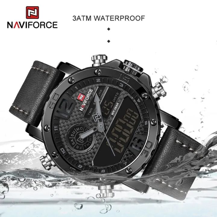 NAVIFORCE  Nf9134 Men Luxury Sports Military Leather Wrist Strap Analog Digital Quartz Double Time Watch