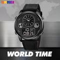 SKMEI 1653 Men’s World Time Dual Display Movement LED Electronic Multifunction Leather Strap Watch – Black. 