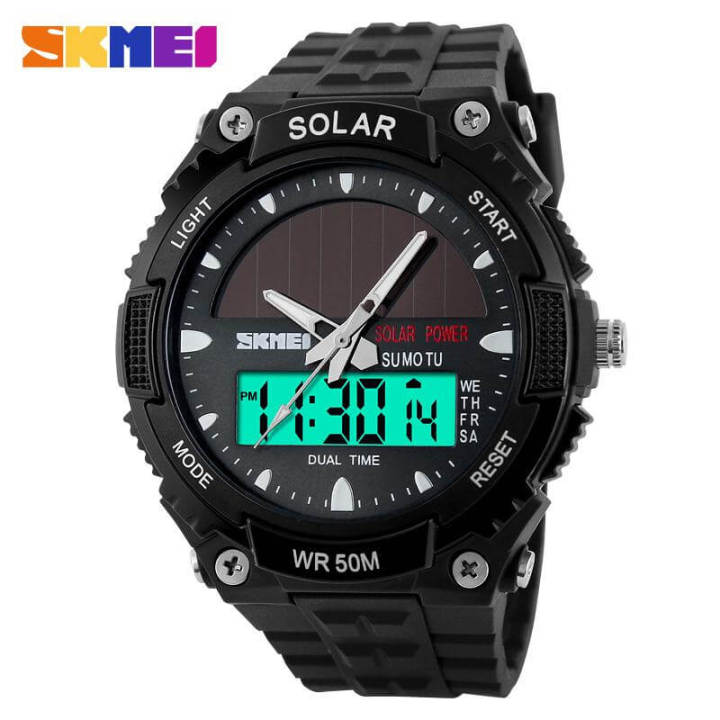 SKMEI 1049 New Fashion Sports Multifunction Solar Power Dual Display Outdoor Waterproof Digital Watch For Men  - Black