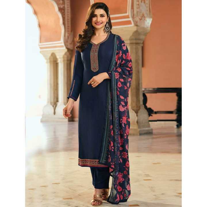 Dark Blue Satin Georgette Ladies Unstitched Partywear Kurta Surwal Piece