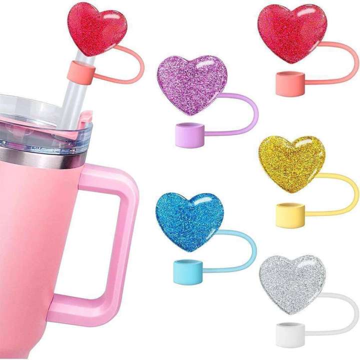 5 Pack Bling Hearts Covers Caps Stanely Cup Accessories Reusable Shining Love Silicone Straw Topper for 40 Oz Tumbler