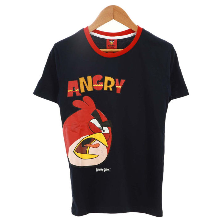 Black Cotton Round Neck Angry Bird Printed T-Shirt For Boys