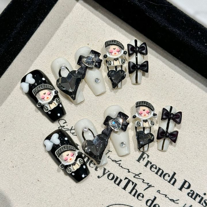 Yihe handmade wearing nails, dark punk style, mart, cute checks, bows, detachable nails, nail art stickers