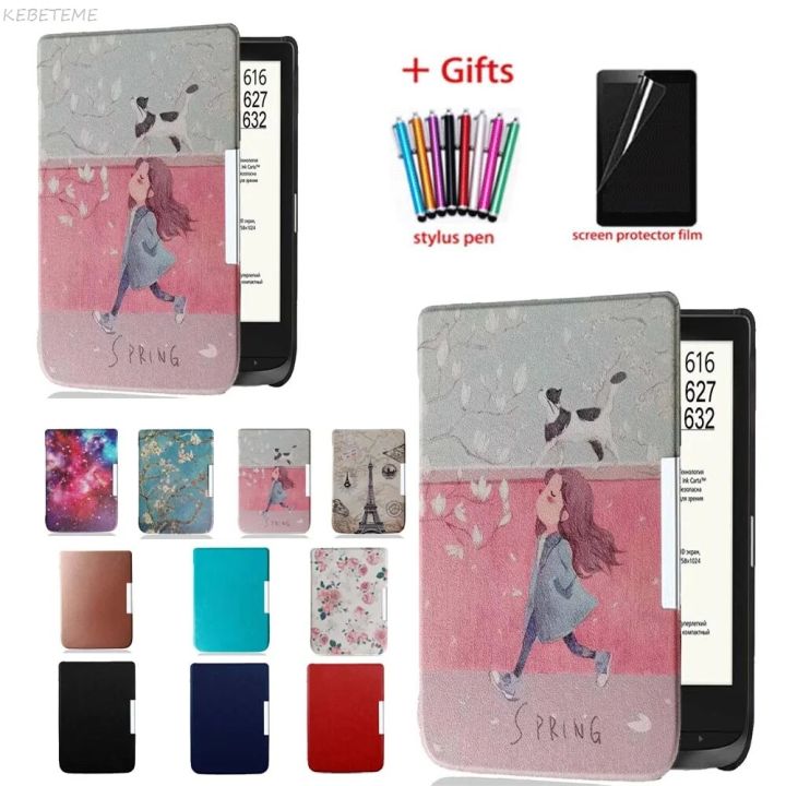 KEBETEME Pocketbook 633/606/628 Color Basic 4 Touch Lux 5 Ereader Ebook Cover Case + Protector Screen Film +Stylus Pen