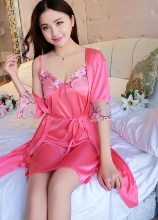 Sexy Lingerie Set Sleep Wear Satin Smooth Comfortable Night Wear Robe Set Of 2 ( Robe + Dress )