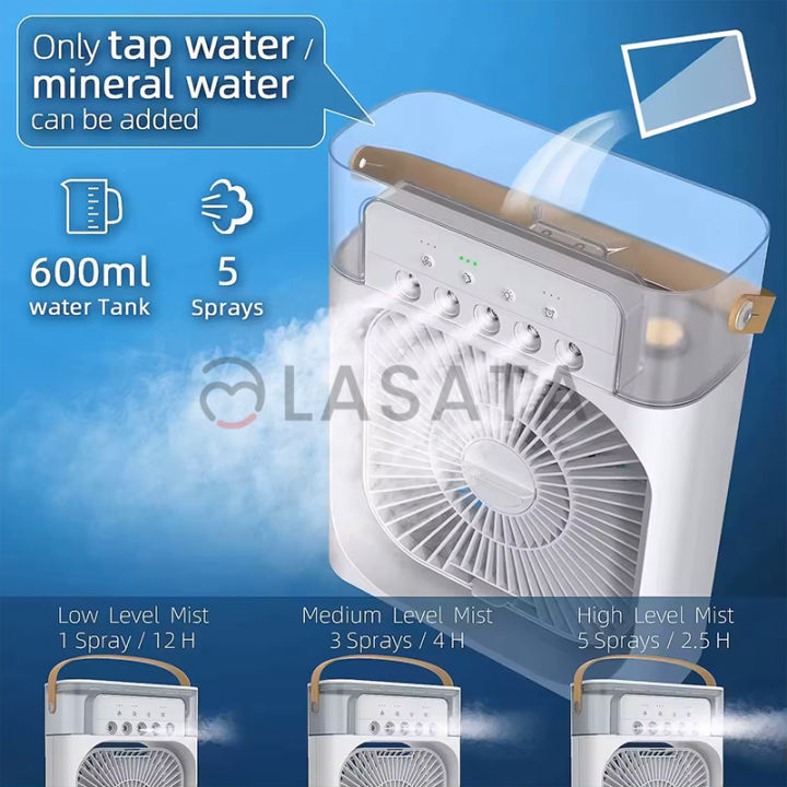 Viral Mini Air Cooler Fan/ Humidifier with USB charger | 5 spray ports | 7 color light options | 3 Fan Speed | Timer Option | Desktop Fan