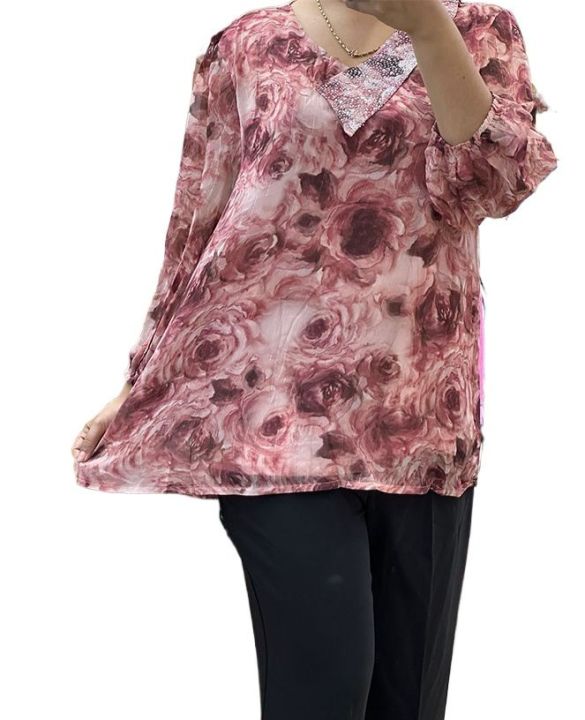 Stylish Summer Plus Size V-Neck Long Sleeves Floral Printed Tops