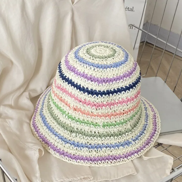 Fashion%20Summer%20Beach%20Straw%20Cap%20Women's%20Striped%20Rainbow%20Sun%20hat%20Handmade%20Wide%20Brimmed%20Bucket%20Hat%20Girls%20-%20Image%206