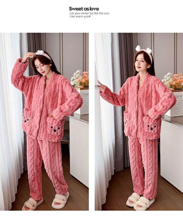 Autumn Winter Warm Flannel Women Pajamas Sets Thick Coral Velvet Long Sleeve Cartoon Sleepwear Flannel Pyjamas Set