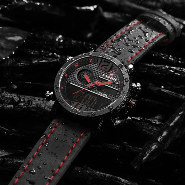 NAVIFORCE  Nf9134 Men Luxury Sports Military Leather Wrist Strap Analog Digital Quartz Double Time Watch