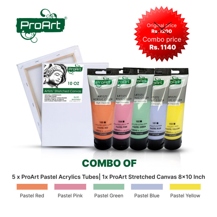 ProArt Artists' Acrylic Combo Of 5 Pastel Color Tubes And Stretched ...