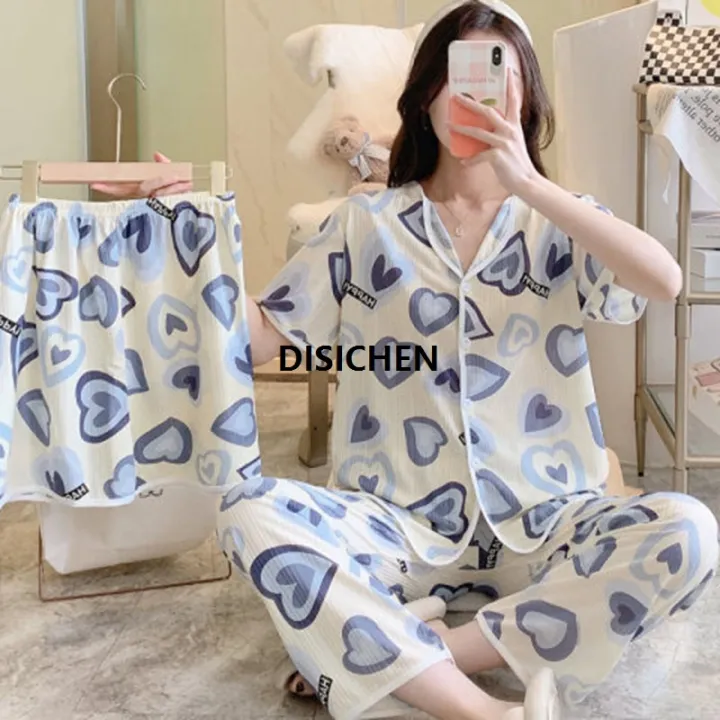 DISICHEN%20Three-Piece%20Set%20Women%20Sleepwear%20Silk%20Short-Sleeved%20Trousers%20Pajamas%20Ladies%20Cartoon%20Bear%20Cherry%20Lapel%20Cardigan%20Nightwear%202025%20New%20-%20Image%206