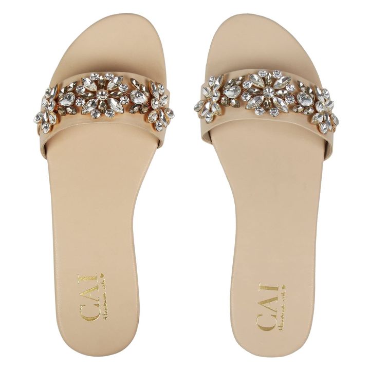 CAI Beige Embellished Flats Sandal For Women