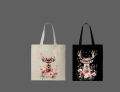 Floral Deer Printed Tote Bag – Aesthetic Nature Design– Eco-Friendly Cotton Shoulder Shopping Bag-White, Black. 