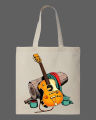 Acoustic Guitar & Campfire Graphic Printed Tote Bag– Eco-Friendly Cotton Shoulder Shopping Bag-White, Black. 