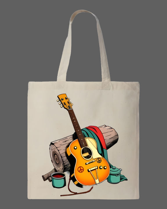 Acoustic%20Guitar%20&%20Campfire%20Graphic%20Printed%20Tote%20Bag%E2%80%93%20Eco-Friendly%20Cotton%20Shoulder%20Shopping%20Bag-White,%20Black%20-%20Image%202