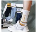 Men’s Cotton Crew Sports Socks – Breathable Long Tube Socks with Alphabet Print & Color Contrast Design for Basketball, Streetwear & Everyday Comfort (Assorted Colors). 