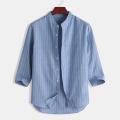 2022 New Striped Youth Stand Collar Linen Seven-point Sleeve Men's Shirt Small Fresh Style. 