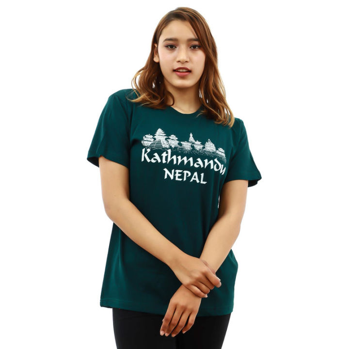 Green Cotton Round Kathmandu Nepal Printed T-Shirt For Women