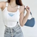 Korean Chic Letter Print Short Design Light Padded Tank Top Camisole. 