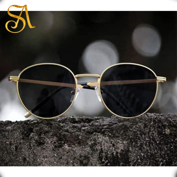 Golden Frame Round Trendy Light Black Shades Sunglasses -Unisex