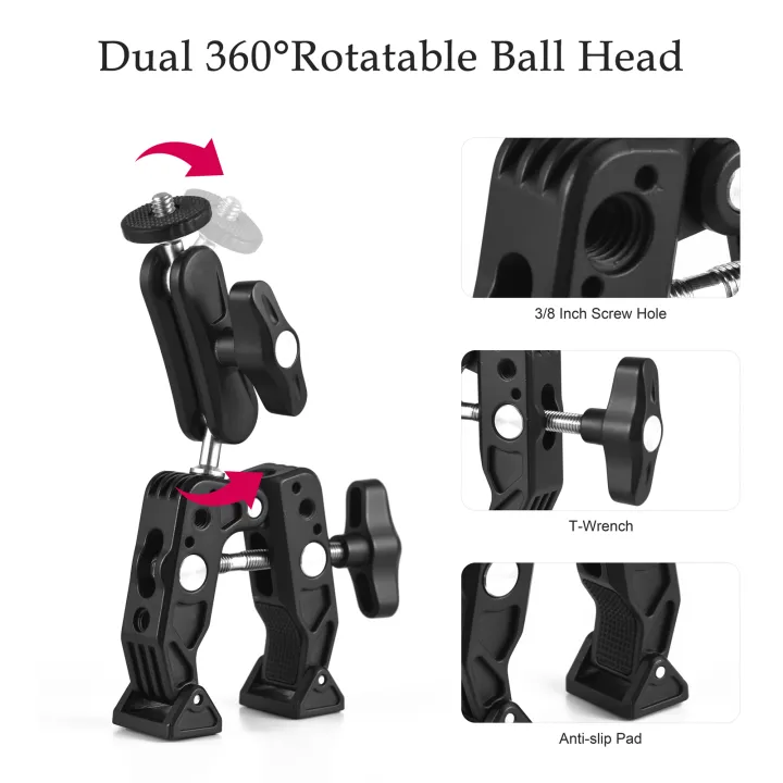Multi-functional%20Super%20Clamp%20Aluminum%20Alloy%20with%20Dual%20360%C2%B0%20Rotatable%20Ballhead%201/4%20Inch%20Screw%20Connection%201/4%20Inch%20&%203/8%20Inch%20Threads%201.5kg%20Load%20Bearing%20-%20Image%205