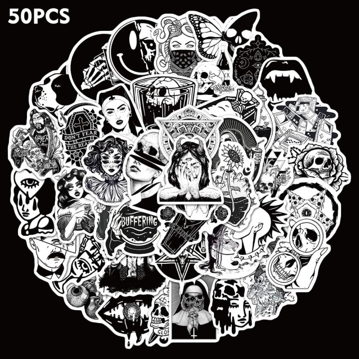 Artsy Home 25/50pcs Black and White Punk Gothic Stickers for Laptops, Computers, Hydro Flasks, Skateboard and Travel Case