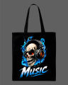"Music" Blue Flame Skull with Headphones Graphic Printed Tote Bag– Eco-Friendly Cotton Shoulder Shopping Bag-White, Black. 