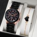 Black chassis silicone strap analog watch + A variety of exquisite black jewelry sets. 