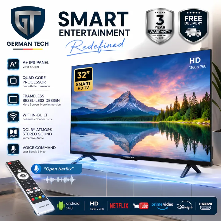 German Tech 32 Inch Smart TV (GT32S109HD) Voice Command | Latest Android 14 | A+ Grade IPS Panel German Technology | Bezel-less Frameless Design | 24W Monster Sound - HD 1366x768 | 3 Years Warranty | 32inch Smart Android Television | Nova Hub