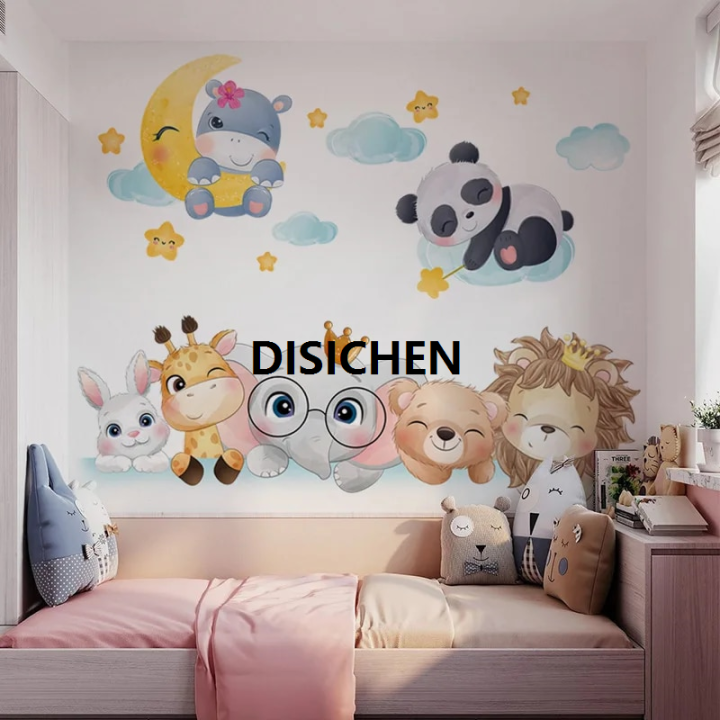 DISICHEN Cartoon Animals Wall Stickers for Children Kids Rooms Girls Boys Baby Room Decoration Wallpaper Elephant Panda Giraffe Luxury