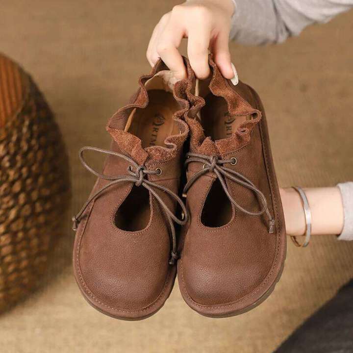 Artmu Original Flats Women Lace Up Genuine Leather Spring Summer Soft Comfort Elegant Shoes for Ladies Zapatos
