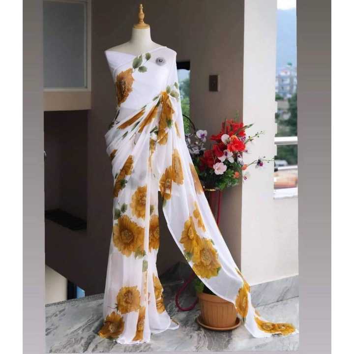 Flower Print Chiffon Saree For Women | White Brown Flower Printed Chiffon Saree For Women | Saree For Women
