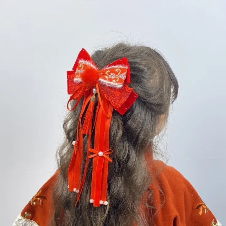 Sweet%20Red%20Bow%20Ribbon%20Hair%20Clip%20Tassel%20Ribbon%20New%20Year%20Hairpin%20Plush%20Pompom%20Hanfu%20Hair%20Ornamen%20Children's%20Headwear%20-%20Image%207